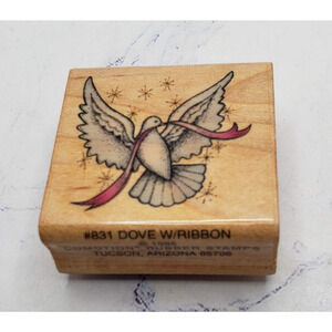 Flying Dove With Ribbon Comotion Wood Mounted Rubber Stamp #831